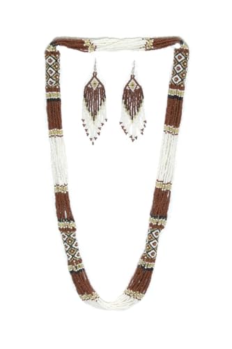Layered – Boho Native American Style Layered Beaded Necklace– Ukrainian beaded Necklace Native Handmade Seed Bead Necklace Tribal ethnic beaded Necklace for Women (Tuquoise) - color: Brown & Cream