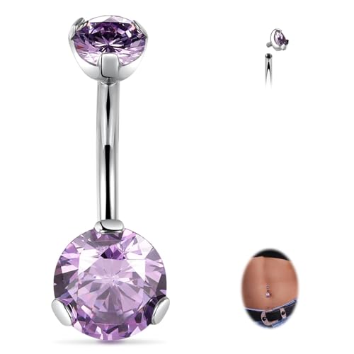 FUNLMO 14G Belly Button Ring Titanium Belly Button Piercing Belly Ring Internally Threaded Navel Piercing Jewelry - color: Silver-Purple CZ