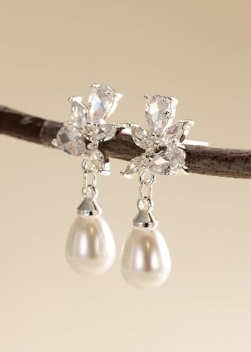 Pearl Earrings - 14K Gold/White Gold/Rose Gold Plated Cubic Zirconia CZ Diaomond Accented Pearl Drop Dangle Earrings for Women Wedding Bridal Prom - color: Silver Leaf drop