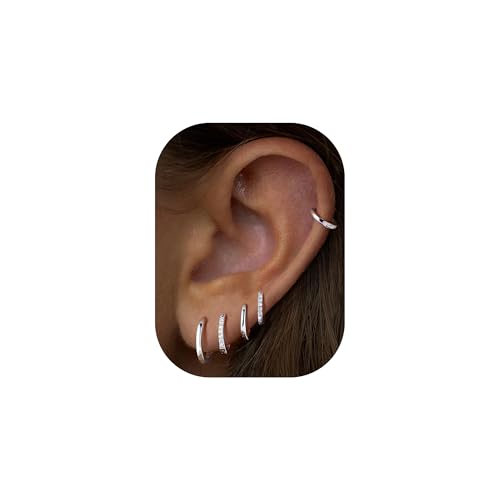 Turandoss 5 Pairs Gold Huggie Hoop Earrings for Women | Dainty Small Hoop Earring Stacks, Cartilage, Multiple Piercing, 14K Gold Plated, Hypoallergenic - color: Silver Hoop