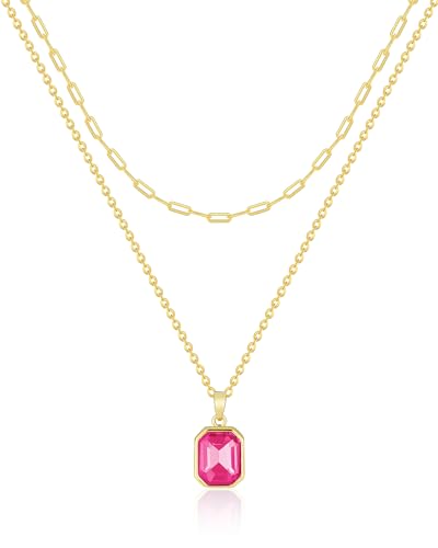 Gold Layered Necklaces for Women, 18k Gold Plated Crystal Necklace Paperclip Choker Emerald Green Jewelry for Women Gifts - color: Pink