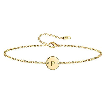 Ovian Initial Charm Bracelet for Women 18K Gold Plated stainless steel Coin Disc Engraved Letter Bracelet Personalized Monogram Name Bracelet - color: P