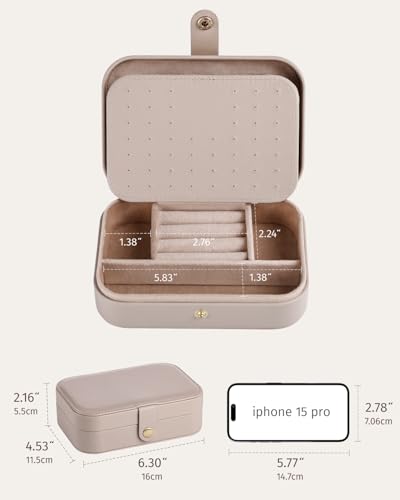 Jewelry Travel Case, Portable Travel Jewelry Box for Women, PU Leather, Snap Closure, Jewelry Holder Organizer Travel Essentials, Light Taupe - color: Light Taupe