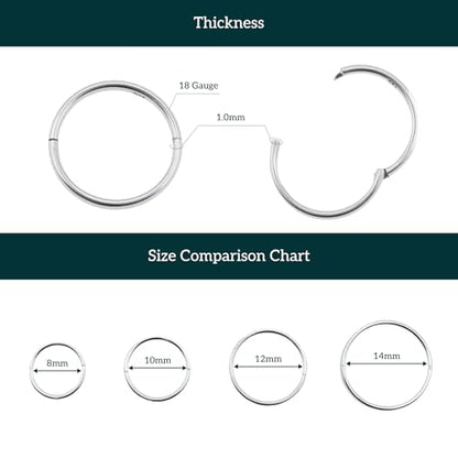 925 Sterling Silver Seamless Sleeper Hoop Clicker Earrings - Hypoallergenic 18G Hinged Hoops for Continuous Wear (8mm to 14mm) - Unisex Women Men Body Jewelry for Ears - size: 5/16" - 8mm