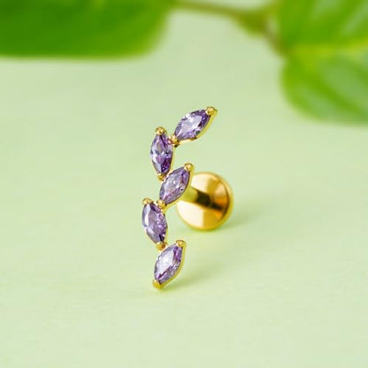 FINE4U 16G CZ Cluster Climber Cartilage Earring for Helix, Tragus - ASTM F136 Titanium Triple Marquise Labret Stud, Screw on Nickel Free Flat Back Jewelry - color: Five Marquise - Amethyst CZ - Gold