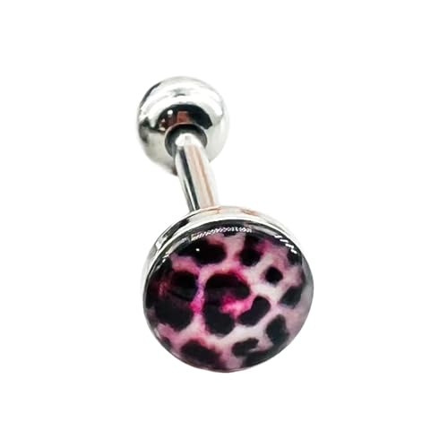 Leopard Print Tongue Ring for Women 14G Stainless Steel Circle Straight Barbell Tongue Rings Internally Threaded 5/7 Inches Piercing Jewelry - color: Pink