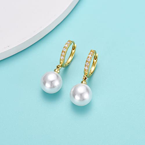 CERSLIMO Pearl Drop Earrings for Women | S925 Sterling Silver Post Simulated Shell Pearl Hoop Dangle Earrings, Hypoallergenic Cubic Zirconia Huggies Earrings Bridesmaid Jewelry - style: 01 Gold-Round