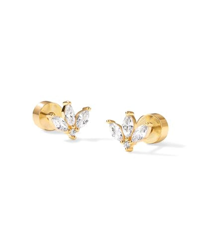 PAVOI 14K Gold Plated 925 Sterling Silver Posts Mini Stud Flat Back Earrings for Women | Helix Cartilage Piercing Jewelry | Dainty Pearl Star Cluster Cubic Zirconia Lotus Climber Screw Backs - style: Lotus Stud