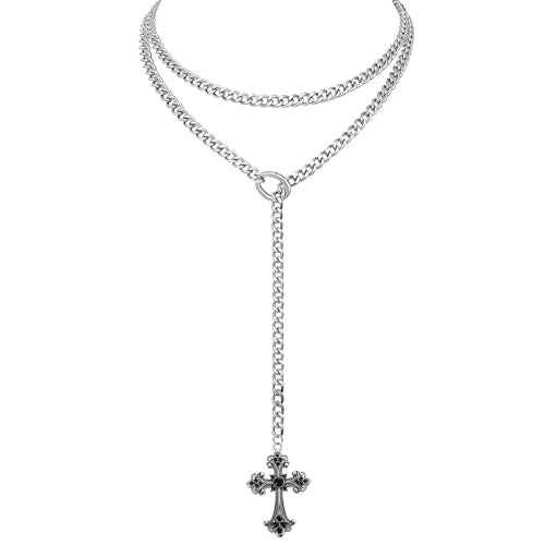 Double Layered Slip Chain Necklace with Vintage Rhinestones Cross Pendant, Adjustable Punk Gothic Baroque Lariat Cuban Y-Necklaces - color: Sliver Chains & Black Stones