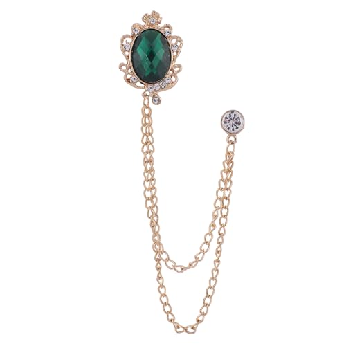 Men's Gem Tassel Brooch Lapel Pin Elegant Badge Hanging Chains Collar Brooches Pin for Career Suit Tuxedo of Shirts Tie Hat Scarf for Boyfriend Father Birthday - style: Gold with Green Crystal