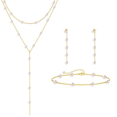 HAXIYA Gold Pearl Y-Shaped Necklace for Women Layered Lariat Long Pendant | 14K Gold Plated/Sterling Silver Dainty Drop Chain Layered Pearl/Beaded Necklaces Simple Gold Jewelry for Women - color: Pearl Set - Gold