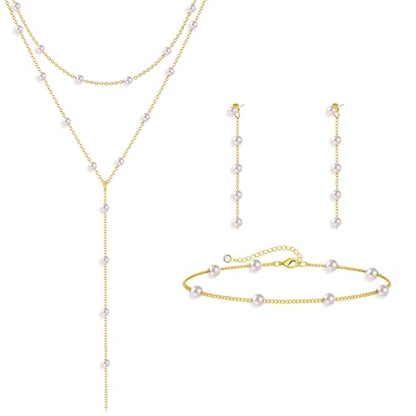 HAXIYA Gold Pearl Y-Shaped Necklace for Women Layered Lariat Long Pendant | 14K Gold Plated/Sterling Silver Dainty Drop Chain Layered Pearl/Beaded Necklaces Simple Gold Jewelry for Women - color: Pearl Set - Gold