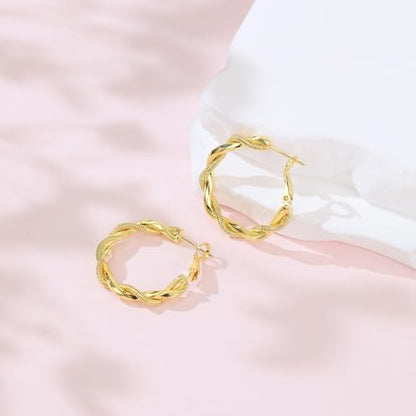 14K Gold Braided Texture Hoop Earring, 32/40mm Twist Rope Design Round Hoop Earrings for Women Gold Jewelry Gifts for women - style: Braided Earring-32mm