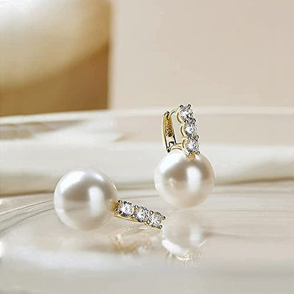 Pearl Earrings for Women 14K Gold Plated Hypoallergenic Pearl Earrings 5A Cubic Zirconia Dangle Earrings Elegant Jewelry - color: 1-Gold