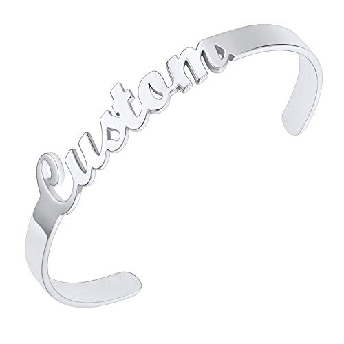 Custom4U Personalized Cuff Bracelets for Women Custom Name Bangle Bracelet | Inspirational Words Text Any Message Engraved Memory Jewelry Customized Gifts for Women BFF (Gift Box) - color: 2.0-Silver Color