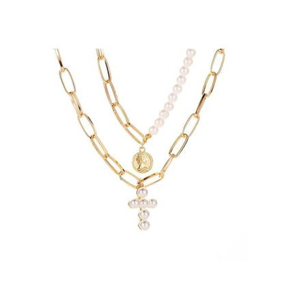 Layered Pearl Cross Pendant Necklace Set for Women,Vintage Coin Paperclip Statement Collarbone Necklace,Trendy Party Banquet Jewelry Accessories Gift