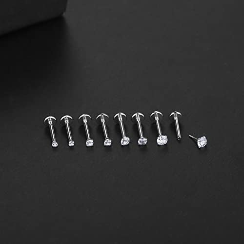 Oveta Threadless Push in Lip Rings 16G/18G/20G Labret Jewelry CZ Lip Studs Stainless Steel Cartilage Earrings for Women Monroe Medusa Piercing Jewelry 6/7/8/10/12mm Bar Length - color: Silver, size: 16G*8mm bar*1.5/2/2.5/3mm cz