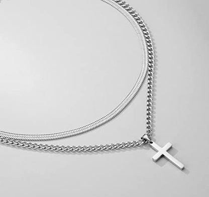 Zocomi Cross Necklace for Men Boys, Stainless Steel Layered Cuban Link Herringbone Chain Cross Pendant Christian Fashion Jewelry Gifts 16-24 Inches - color: Silver, size: 16inch/18inch, style: Herringbone+Cuban