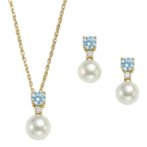 Mariell Pearl Wedding Necklace Earrings Set with CZ Crystal, Jewelry for Brides, Bridesmaid, Mother's Day - color: Gold-Blue Cubic Zirconia