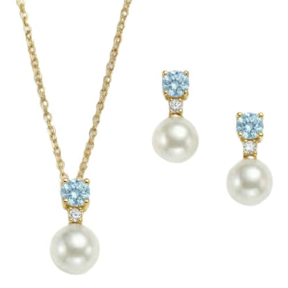 Mariell Pearl Wedding Necklace Earrings Set with CZ Crystal, Jewelry for Brides, Bridesmaid, Mother's Day - color: Gold-Blue Cubic Zirconia
