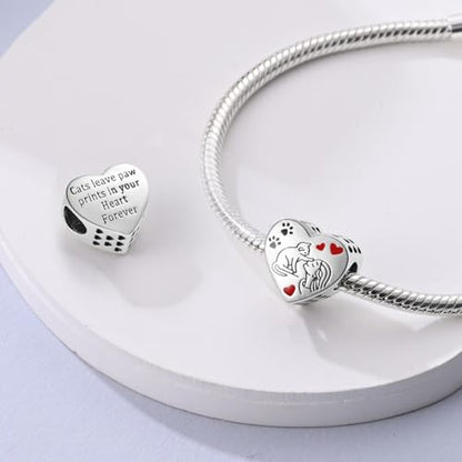 HONGRUI 925 Sterling Silver Charm for Bracelets Fashion Women Jewelry Gift - color: Red Cat