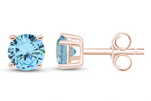 Birthstone Stud Earrings for Women 4MM Round Simulated Gemstone Studs | Push Back Earrings In 14K Gold Over Sterling Silver - color: March - Aquamarine
