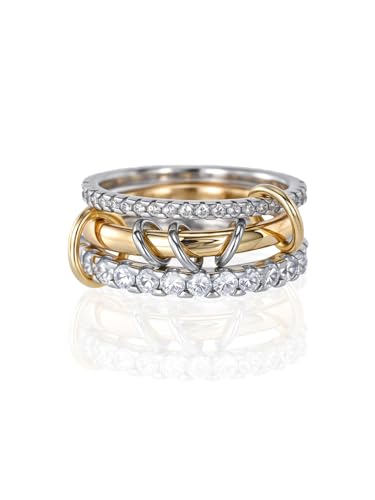 HERSIN Stackable Interlocked Rings for Women Non Tarnish, 18K Gold Plated Green Cubiz Zirconia Ring Chunky Rings Mixed Metal Multi Ring Dainty Stacking Rings Set Jewelry for Women Gifts