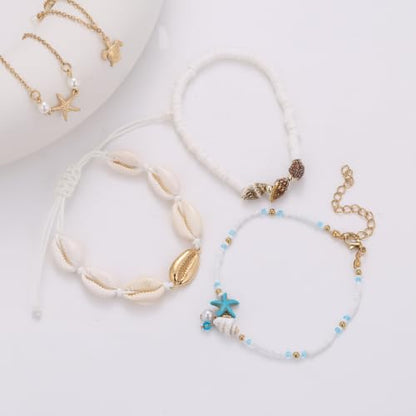 Beaded Anklet Bracelets For Women Waterproof Gold Anklets Jewelry Set Stack | non tarnish free pearl puka seashell beach boho stretchy anklet for summer dainty and tewiky gold plated - color: Blue Starfish