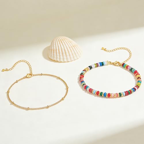 Ankle Bracelet for Women Natural Stone Colorful Beaded Boho Layered Anklet 14K Gold Plated Adjustable Beads Chain 2Pcs Anklets Set Handmade Summer Beach Jewelry - color: Colorful Beaded