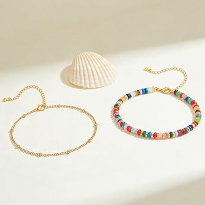 Ankle Bracelet for Women Natural Stone Colorful Beaded Boho Layered Anklet 14K Gold Plated Adjustable Beads Chain 2Pcs Anklets Set Handmade Summer Beach Jewelry - color: Colorful Beaded