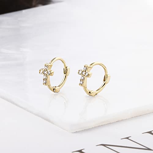 DAILY VIBES Dainty Butterfly Cross CZ Small Huggie Hoop Earrings for Women | Hypoallergenic, 14K Gold Plated Hoops, Tiny Cubic Zirconia, Cartilage Hoop Earrings for Women Trendy - color: Mini Cross