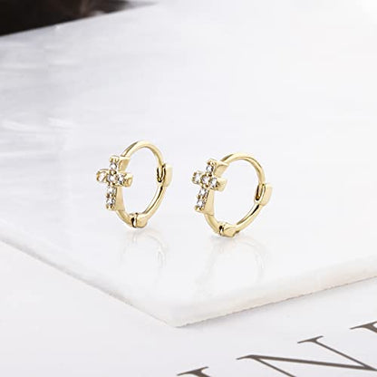 DAILY VIBES Dainty Butterfly Cross CZ Small Huggie Hoop Earrings for Women | Hypoallergenic, 14K Gold Plated Hoops, Tiny Cubic Zirconia, Cartilage Hoop Earrings for Women Trendy - color: Mini Cross