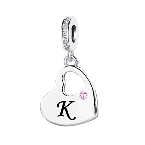 KunBead Initial A-Z Letter Pink Heart Alphabet Birthday Dangle Love Charms Compatible with Pandora Charm Bracelet for Auntie Friend Sister Mom Daughter Nana Granddaughter Wife - style: Letter K