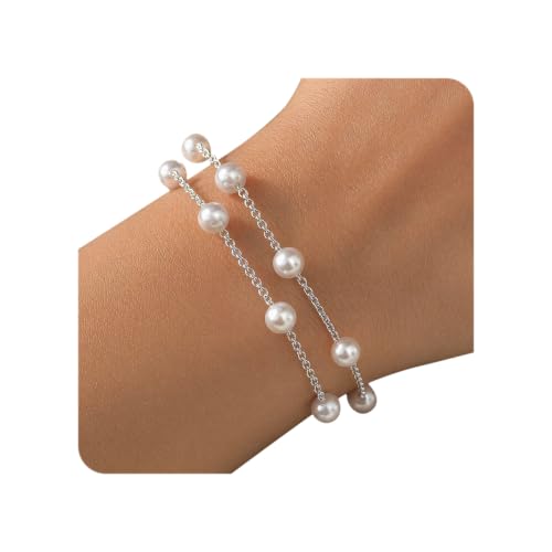 DAYANEY Pearl Bracelets for Women Gold Bracelet Silver Pearl Jewelry | Gold Bracelet Silver Pearl Jewelry Summer Gifts for Girls Dainty Daisy and Heart Bracelets Cute Floral Jewelry for Bridesmaid - style: Silver Pearl-Layered