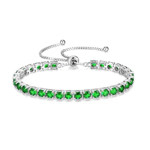 FANCIME Birthstone Bracelet Jewelry for Women Sterling Silver Tennis Bracelet Classic Bolo Adjustable Chain Fine Jewelry Anniversary Birthday Gifts for Women Mom Wife Her - color: 05-Emerald