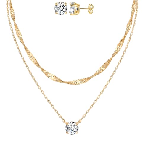 7-Piece Set 14K Gold Plated Jewelry Set Dainty Layered Necklaces CZ Stud Earring Huggie Hoop Earrings Chain Bracelets Gifts for Women - color: Style A-Gold-Necklaces Earrings