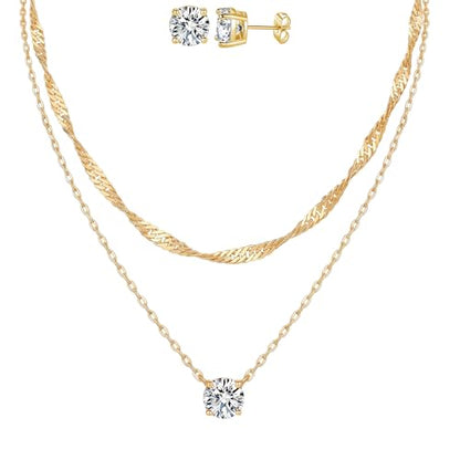 7-Piece Set 14K Gold Plated Jewelry Set Dainty Layered Necklaces CZ Stud Earring Huggie Hoop Earrings Chain Bracelets Gifts for Women - color: Style A-Gold-Necklaces Earrings