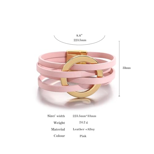 hotoo Circle Charm Bracelets for Women Handmade Leather Wrap Bracelets for Couples Friendship Bracelet Bohemian Cuff Bangle Boho Jewelry Gift - color: New Pink