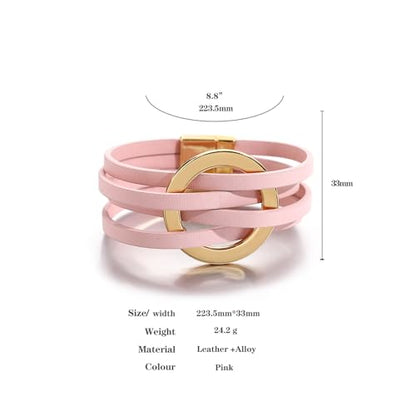 hotoo Circle Charm Bracelets for Women Handmade Leather Wrap Bracelets for Couples Friendship Bracelet Bohemian Cuff Bangle Boho Jewelry Gift - color: New Pink