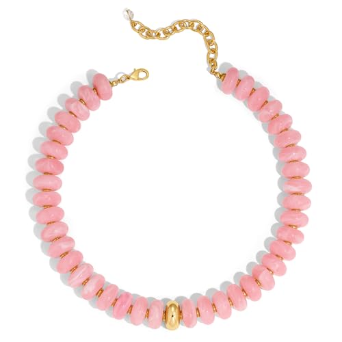 Chunky Colorful Bead Necklace Summer Fashion Statement Boho Beaded Chunky Necklace for Women Adjustable Length Lightweight Cool Suitable for Beach Vacation Daily Wear & Summer Parties - color: Pink