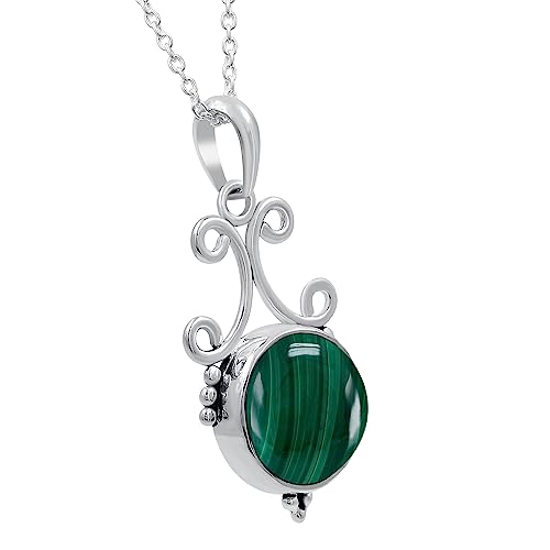 Natural Round Gemstone Pendant Necklace for Women, 925 Sterling Silver | Solitaire Birthstone Jewelry With 18 Inch Chain, Handmade Semi Precious Stone Pendant, Jewelry Gift for Mom, Wife & Sister - color: Malachite