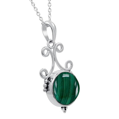 Natural Round Gemstone Pendant Necklace for Women, 925 Sterling Silver | Solitaire Birthstone Jewelry With 18 Inch Chain, Handmade Semi Precious Stone Pendant, Jewelry Gift for Mom, Wife & Sister - color: Malachite