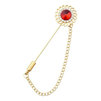Mens Sunflower Lapel Pin Crystal Rhinestone Brooches for Men Hanging Chain Brooch Suit Pin Flower Lapel Pins for Men Wedding Business Party - color: Red