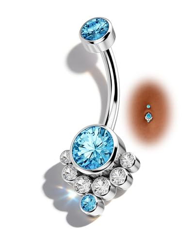 G23 Solid Titanium Belly Button Rings for Women Bezel Cluster 14G Implat-Grade Hypoallergenic Navel Rings Cute 14g Belly Rings - color: D-Blue CZ