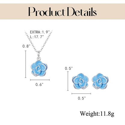 EleQueen Rose Flower Necklace Earrings Bracelet Set for Women - color: Light Blue-Silver-Tone