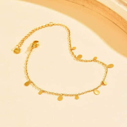 18K Gold Plated Ankle Bracelets for Women Stainless Steel Anklet with Star Cross Disc Coin Teardrop Charms Waterproof Thin Chain Ankle Jewelry Gift for Her - style: Waterdrop-Gold