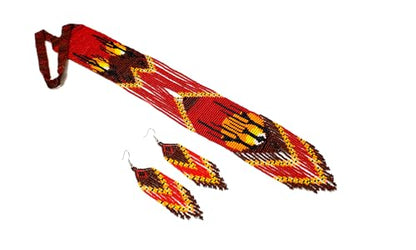 Long Beaded Necklace – Boho Native Handmade Seed Bead Tassel Necklace, Bohemian Large Statement Beaded Necklace for Women - color: Red Brown, Light Orange
