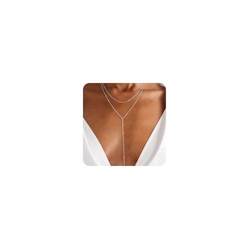 Lariat Gold Necklace for Women, Dainty Long Necklaces 14k Gold Plated Y-Shaped Layered Drop Necklaces for Women Trendy Simple Gold Jewelry for Prom Vacation Gifts - color: Layered Satellite Chain-Silver