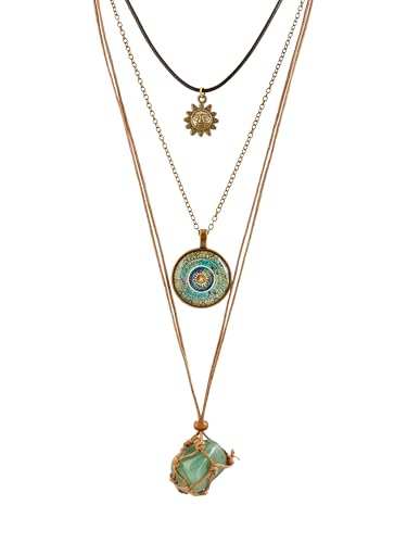 MINACHI Bohemian Retro Style Multi Layer Necklace, Green Crystal Sun and Floral Pendant, Ethnic Jewelry for Women - style: Necklace R17-052