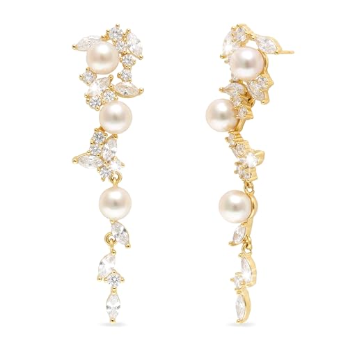 Sonateomber Gold Silver Pearl Rhinestone Dangle Earrings for Women, Elegant CZ Leaf Butterfly Bridal Earings Prom Wedding Fashion Jewelry Gift - color: Gold